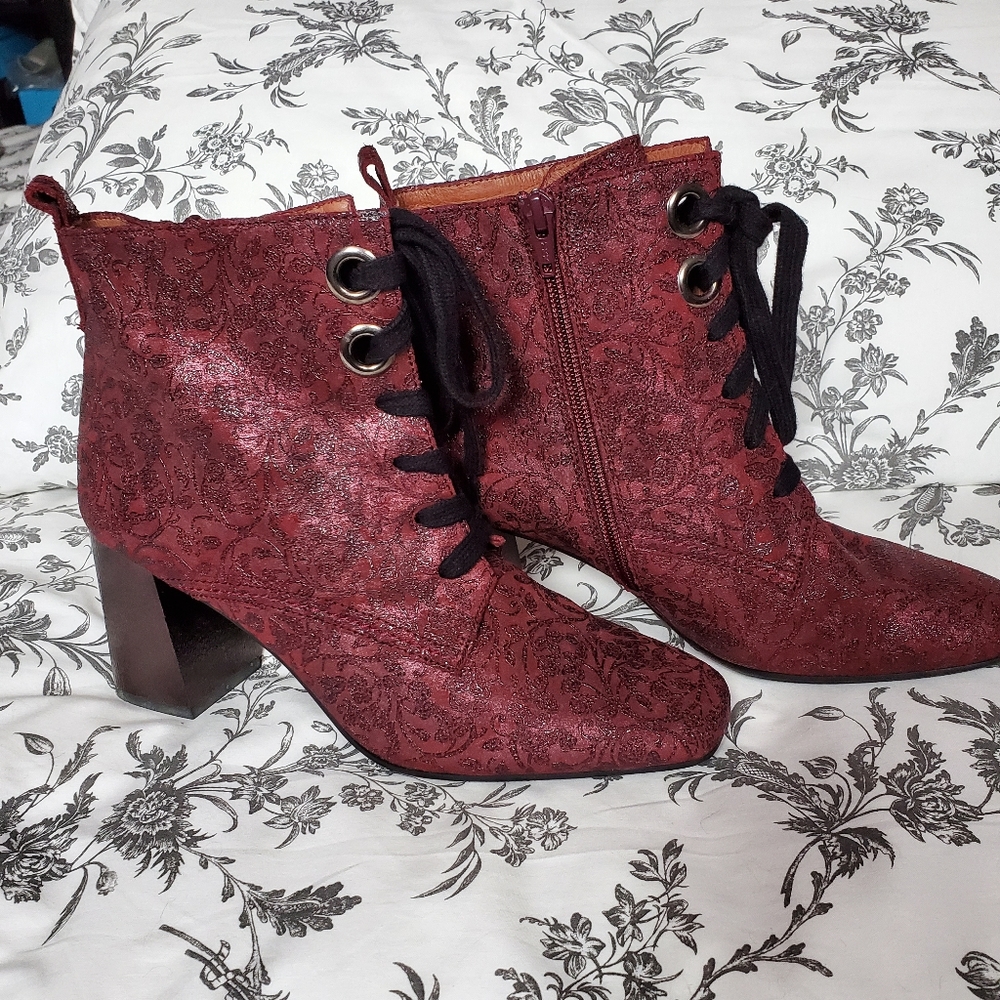 Burgundy brocade booties